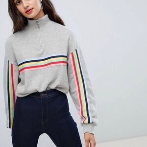 ASOS•Bershka•rainbow stripe zip up popover cropped sweatshirt gray• large